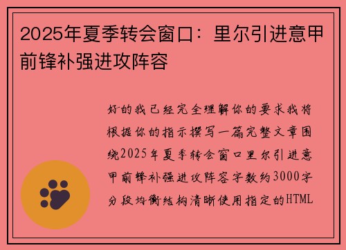 2025年夏季转会窗口：里尔引进意甲前锋补强进攻阵容